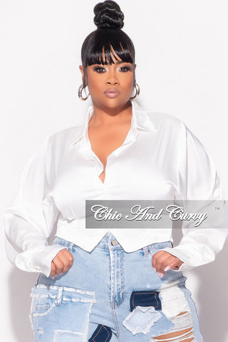 Final Sale Plus Size Collar Button Up Satin Top with Frill Sides in White