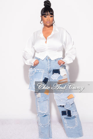 Final Sale Plus Size Collar Button Up Satin Top with Frill Sides in White