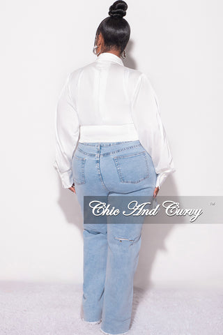 Final Sale Plus Size Collar Button Up Satin Top with Frill Sides in White