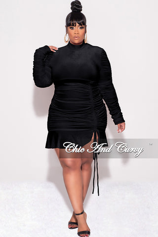 Final Sale Plus Size Long Sleeve Velvet Ruched Bodycon Dress with Bottom Ruffle in Black