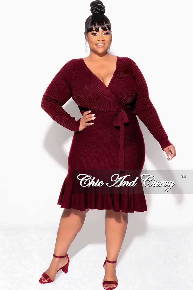 Final Sale Plus Size Faux Wrap Ribbed BodyCon Dress with Waist Tie and Bottom Ruffle in Burgundy