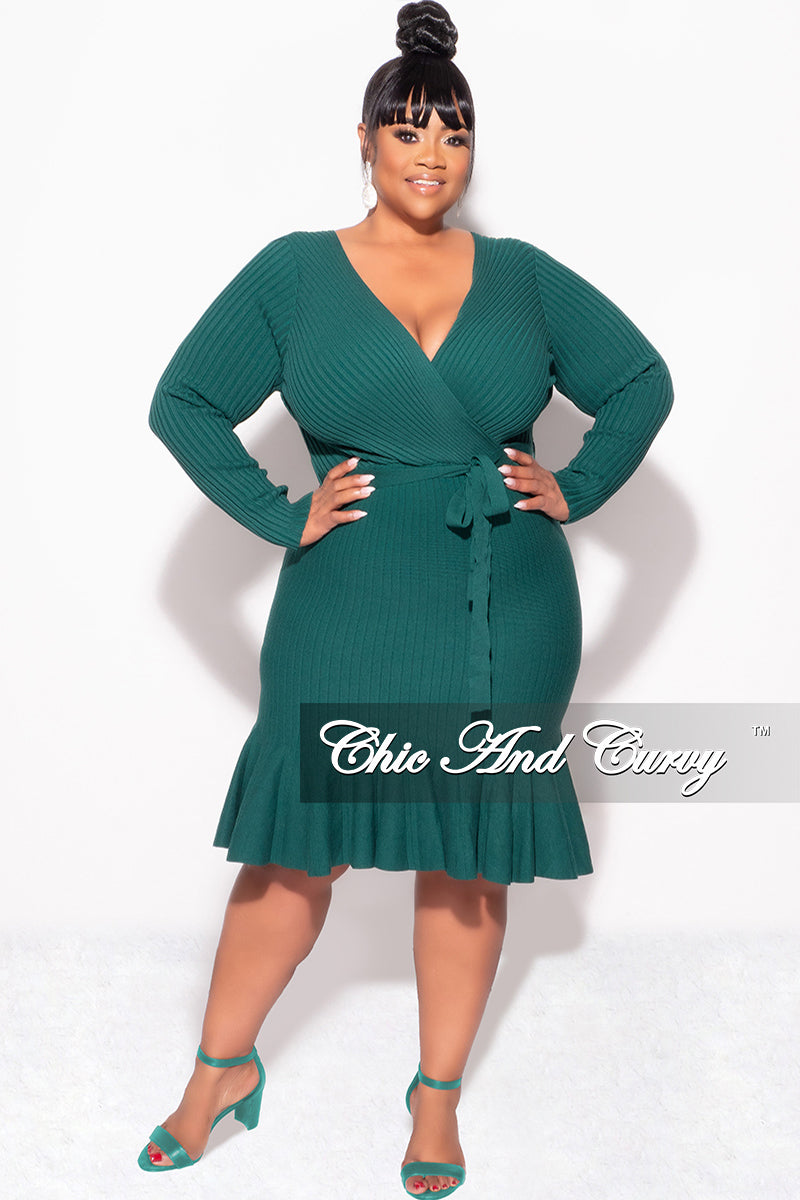 Final Sale Plus Size Faux Wrap Ribbed BodyCon Dress with Waist Tie and Bottom Ruffle in Green