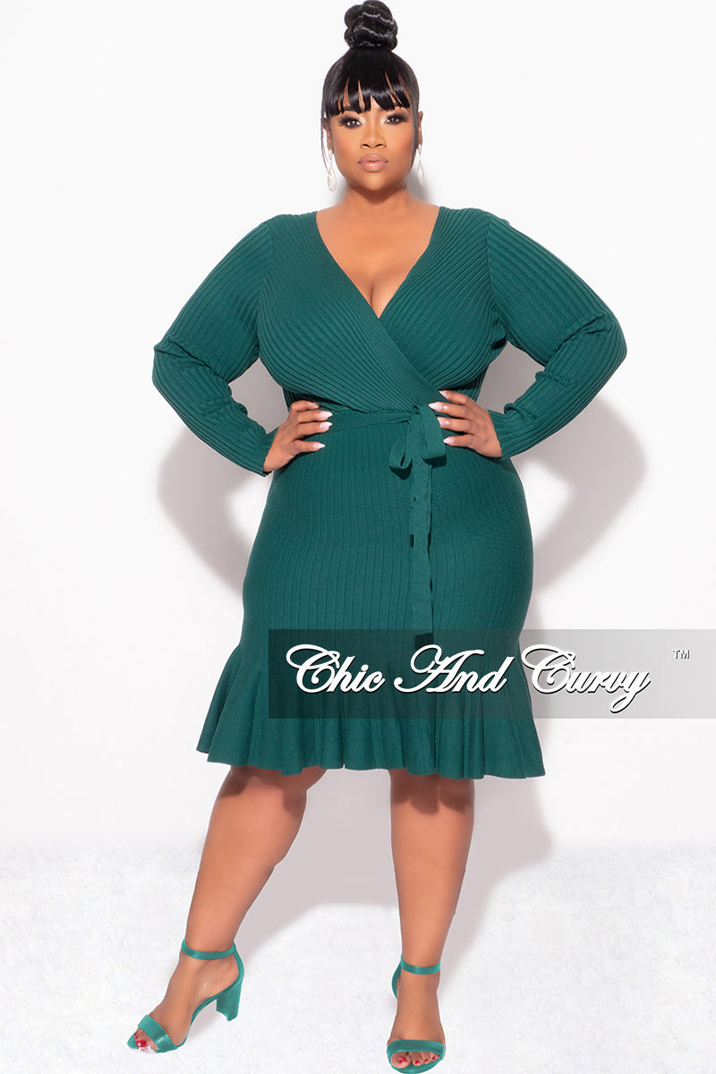 Final Sale Plus Size Faux Wrap Ribbed BodyCon Dress with Waist Tie and Bottom Ruffle in Green Final Sale Plus Size Faux Wrap Ribbed BodyCon Dress with Waist Tie and Bottom Ruffle in Green