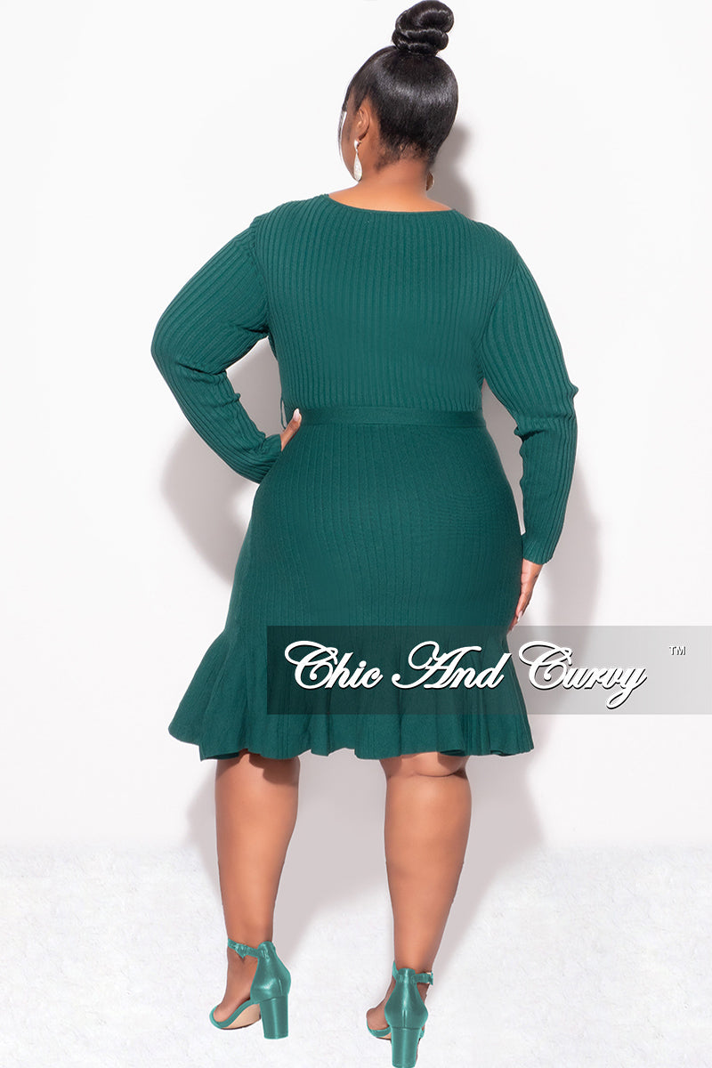 Final Sale Plus Size Faux Wrap Ribbed BodyCon Dress with Waist Tie and Bottom Ruffle in Green Final Sale Plus Size Faux Wrap Ribbed BodyCon Dress with Waist Tie and Bottom Ruffle in Green