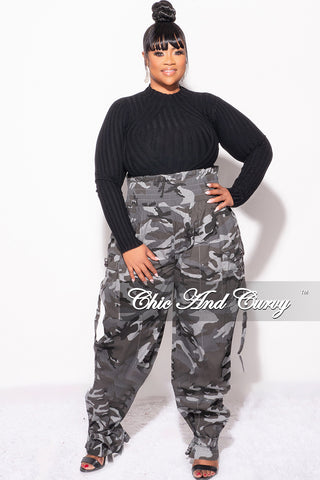 Final Sale Plus Size Camo Paperbag Pants with Elastic Waist in Grey Camouflage