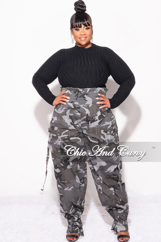 Final Sale Plus Size Camo Paperbag Pants with Elastic Waist in Grey Camouflage