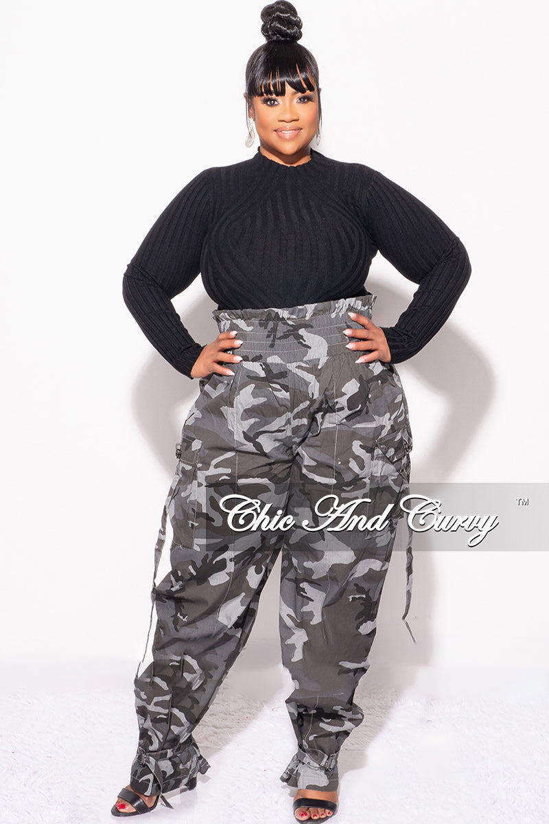 Final Sale Plus Size Camo Paperbag Pants with Elastic Waist in Grey Camouflage