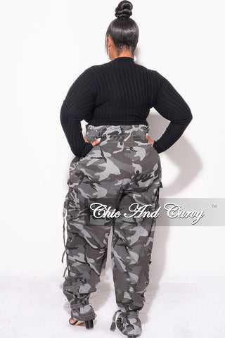 Final Sale Plus Size Camo Paperbag Pants with Elastic Waist in Grey Camouflage