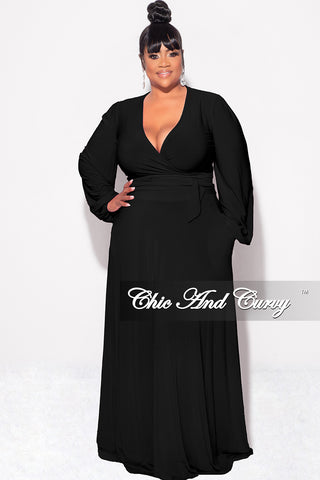 Final Sale Plus Size 2pc Long Sleeve Crop Tie Top and Skirt Set in Black