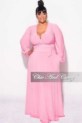 Final Sale Plus Size 2pc Long Sleeve Crop Tie Top and Skirt Set in Soft Pink