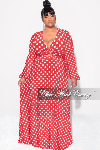 Final Sale Plus Size 2pc Long Sleeve Crop Tie Top and Skirt Set in Red with White Polka Dots