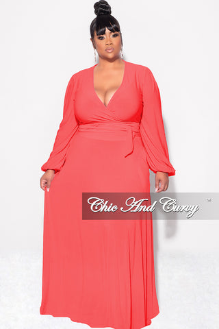 Final Sale Plus Size 2pc Long Sleeve Crop Tie Top and Skirt Set in Orange