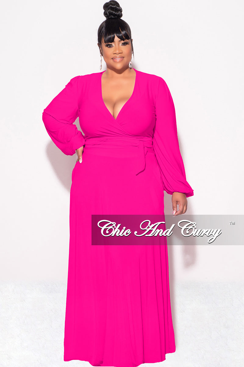 Final Sale Plus Size 2pc Long Sleeve Crop Tie Top and Skirt Set in Fuchsia