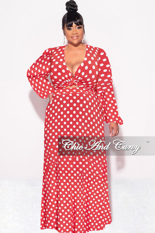 Final Sale Plus Size 2pc Long Sleeve Crop Tie Top and Skirt Set in Red with White Polka Dots