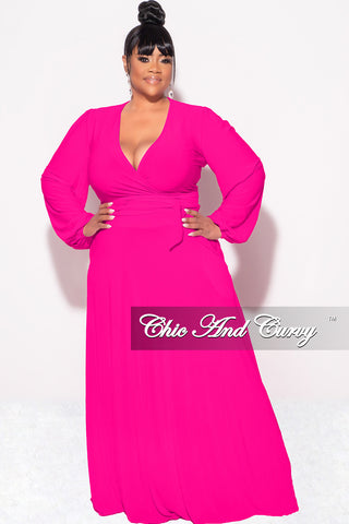 Final Sale Plus Size 2pc Long Sleeve Crop Tie Top and Skirt Set in Fuchsia