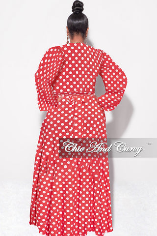 Final Sale Plus Size 2pc Long Sleeve Crop Tie Top and Skirt Set in Red with White Polka Dots