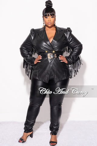 Final Sale Plus Size Faux Leather Belted Blazer with Fringe Sleeves in Black