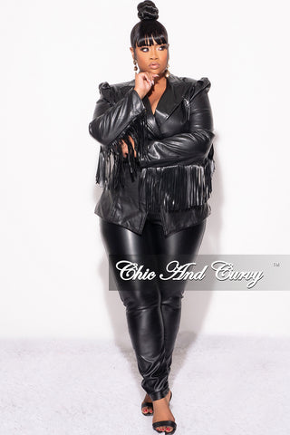 Final Sale Plus Size Faux Leather Belted Blazer with Fringe Sleeves in Black