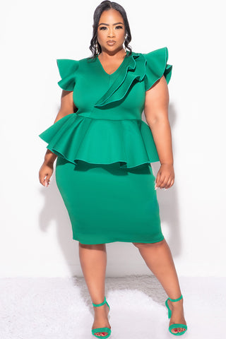 Final Plus Size Ruffle Peplum BodyCon Dress in Green Scuba