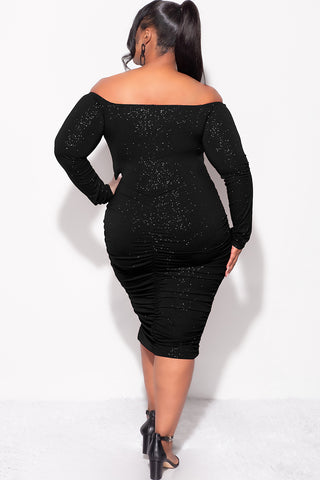 Final Sale Plus Size Shimmer Off The Shoulder Ruched BodyCon Dress in Black