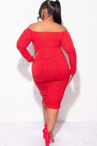 Final Sale Plus Size Shimmer Off The Shoulder Ruched BodyCon Dress in Red