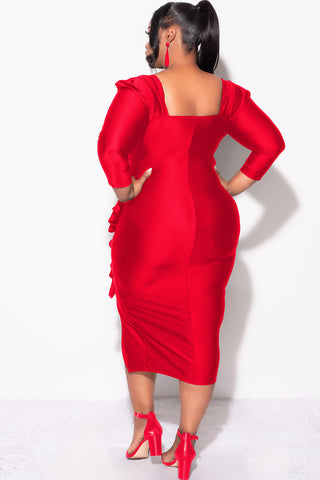 Final Sale Plus Size Shiny BodyCon Dress with Side Ruffle and Front Slit in Red