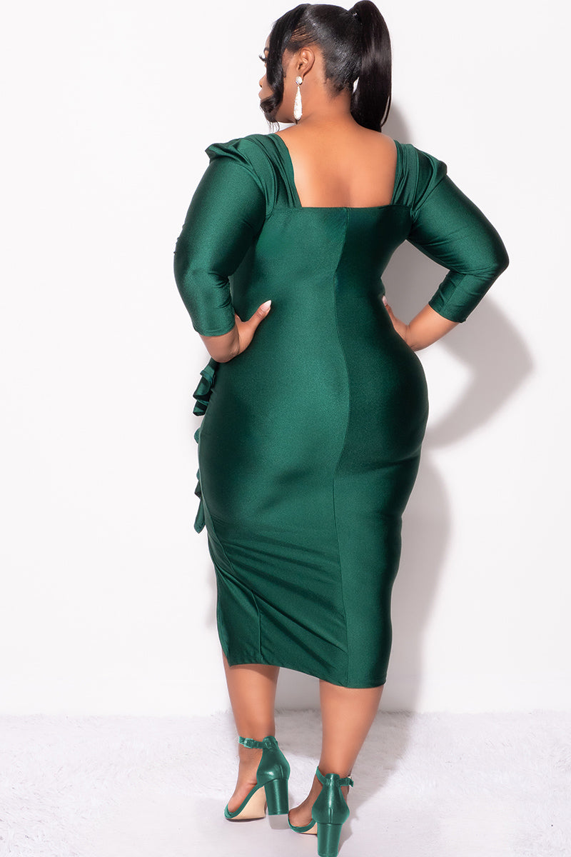 Final Sale Plus Size Shiny BodyCon Dress with Side Ruffle and Front Slit in Green - 3x 22 Final Sale Plus Size Shiny BodyCon Dress with Side Ruffle and Front Slit in Green - 3x 22