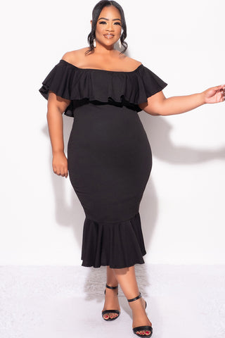 Final Sale Plus Size Off the Shoulder Ruffle Dress in Black