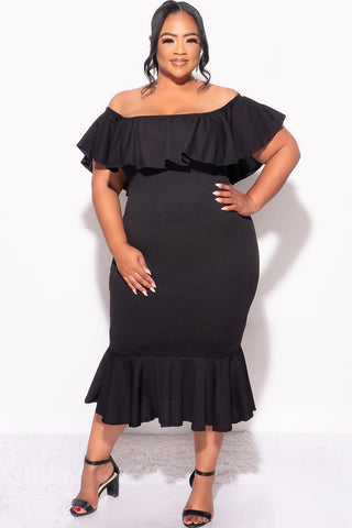 Final Sale Plus Size Off the Shoulder Ruffle Dress in Black