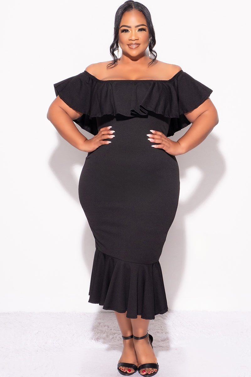 Final Sale Plus Size Off the Shoulder Ruffle Dress in Black