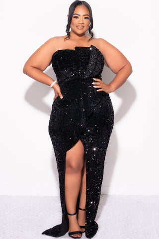 Final Sale Plus Size Strapless Pleated Ruffle Velvet & Sequin Gown with Front Slit in Black