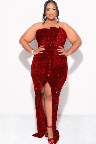 Final Sale Plus Size Strapless Pleated Ruffle Velvet & Sequin Gown with Front Slit in  Red