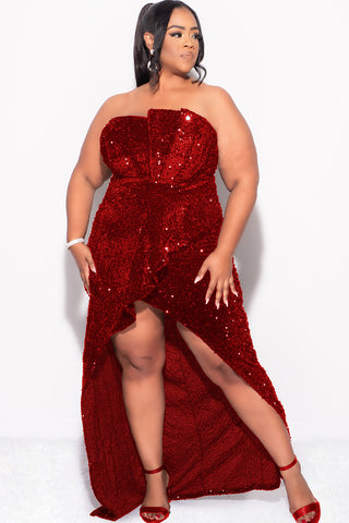 Final Sale Plus Size Strapless Pleated Ruffle Velvet & Sequin Gown with Front Slit in  Red