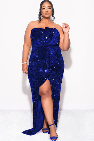 Final Sale Plus Size Strapless Pleated Ruffle Velvet & Sequin Gown with Front Slit in  Royal Blue