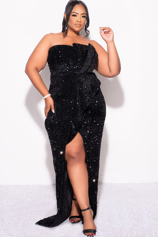 Final Sale Plus Size Strapless Pleated Ruffle Velvet & Sequin Gown with Front Slit in Black