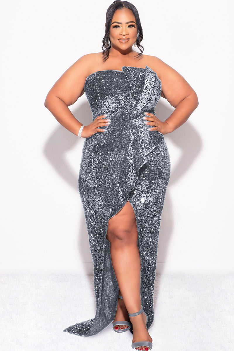 Final Sale Plus Size Strapless Pleated Ruffle Velvet & Sequin Gown with Front Slit in  Silver