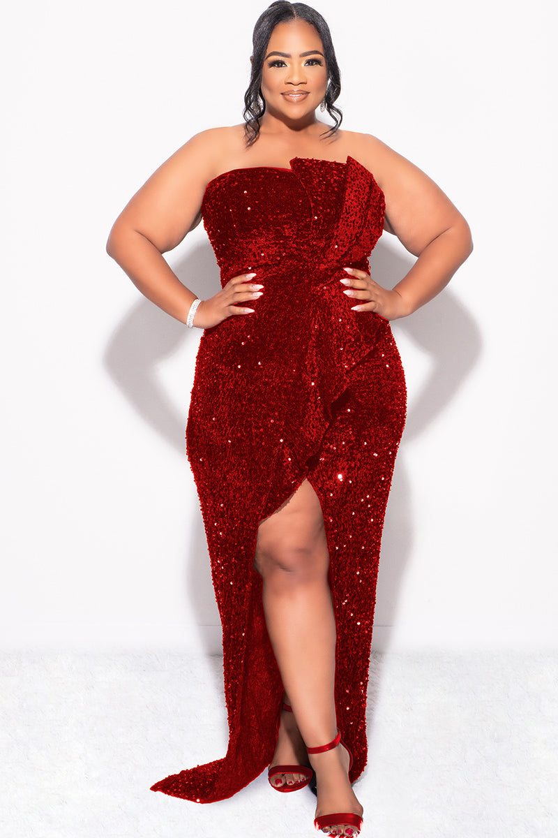 Final Sale Plus Size Strapless Pleated Ruffle Velvet & Sequin Gown with Front Slit in  Red