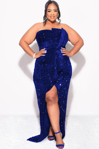 Final Sale Plus Size Strapless Pleated Ruffle Velvet & Sequin Gown with Front Slit in  Royal Blue