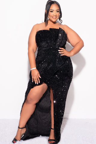 Final Sale Plus Size Strapless Pleated Ruffle Velvet & Sequin Gown with Front Slit in Black