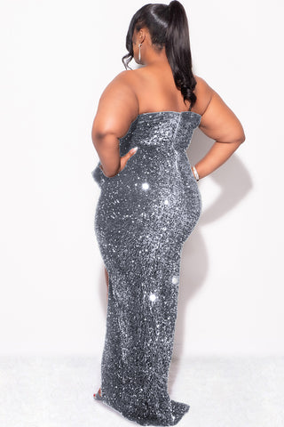 Final Sale Plus Size Strapless Pleated Ruffle Velvet & Sequin Gown with Front Slit in  Silver