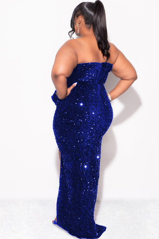 Final Sale Plus Size Strapless Pleated Ruffle Velvet & Sequin Gown with Front Slit in  Royal Blue