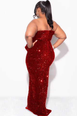 Final Sale Plus Size Strapless Pleated Ruffle Velvet & Sequin Gown with Front Slit in  Red