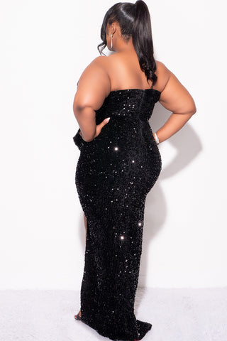 Final Sale Plus Size Strapless Pleated Ruffle Velvet & Sequin Gown with Front Slit in Black