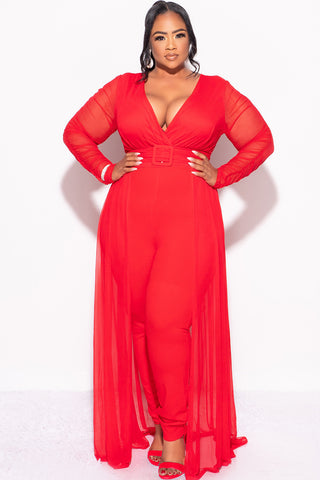 Final Sale Plus Size Mesh Ruched Sleeve Jumpsuit with Attached Long Skirt in Red