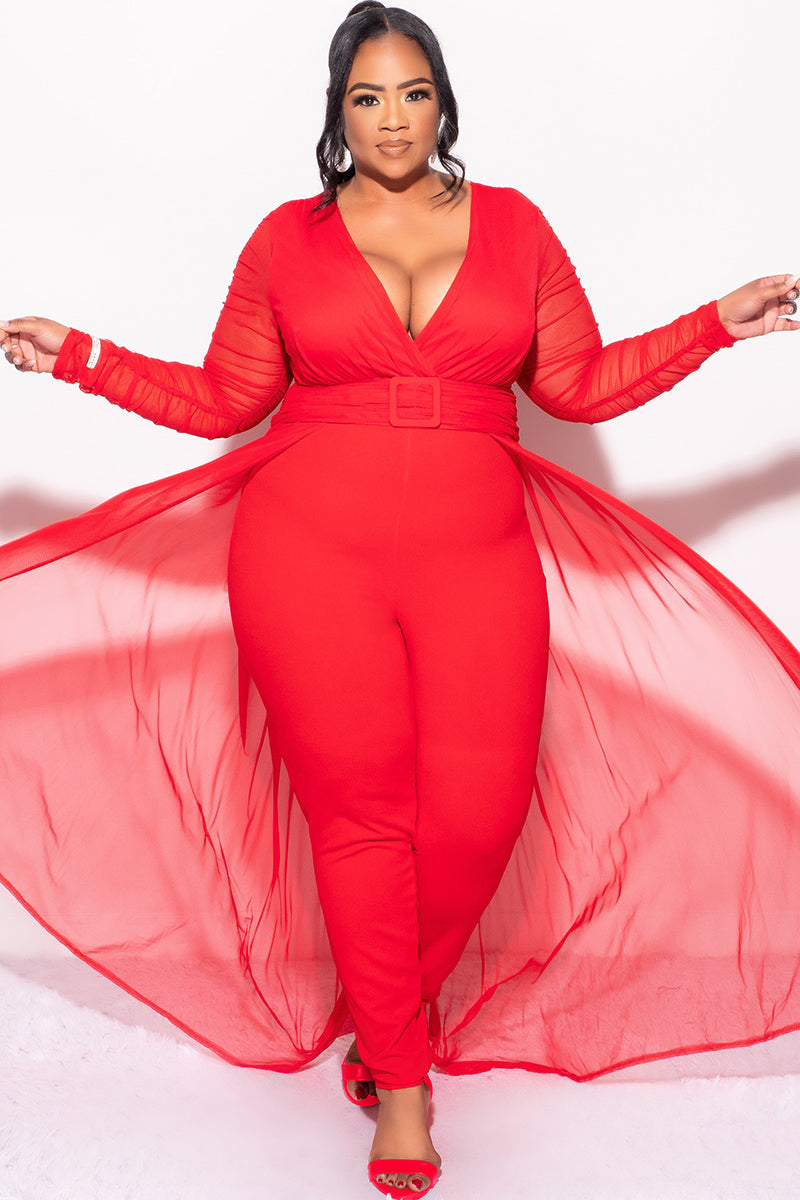 Final Sale Plus Size Mesh Ruched Sleeve Jumpsuit with Attached Long Skirt in Red