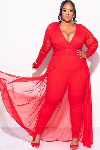 Final Sale Plus Size Mesh Ruched Sleeve Jumpsuit with Attached Long Skirt in Red