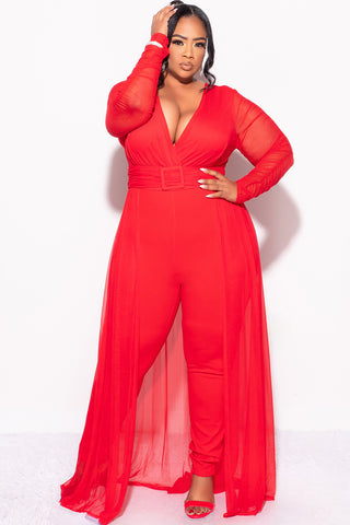 Final Sale Plus Size Mesh Ruched Sleeve Jumpsuit with Attached Long Skirt in Red