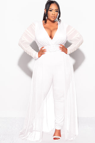 Final Sale Plus Size Mesh Ruched Sleeve Jumpsuit with Attached Long Skirt in Off White