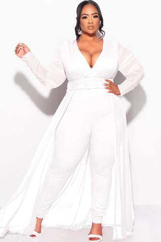 Final Sale Plus Size Mesh Ruched Sleeve Jumpsuit with Attached Long Skirt in Off White