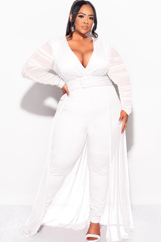 Final Sale Plus Size Mesh Ruched Sleeve Jumpsuit with Attached Long Skirt in Off White